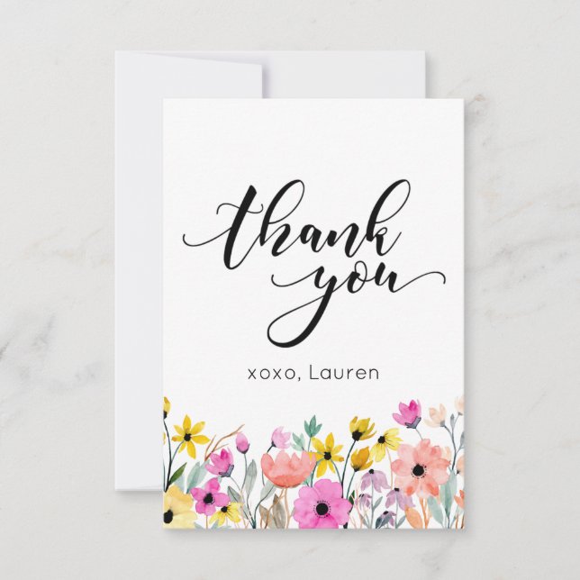 Spring Watercolor Flower Flat Thank You Card (Front)