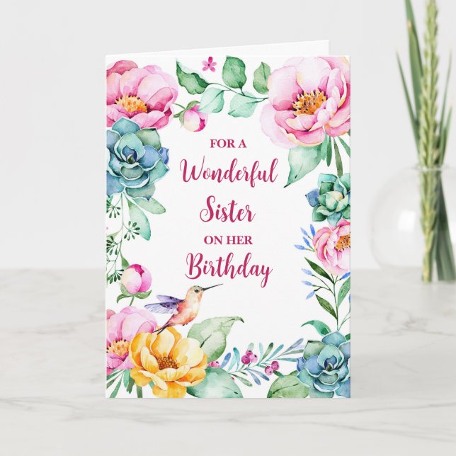 Spring Watercolor Flowers Sister Birthday Card (Front)