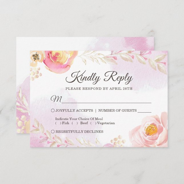 Spring Watercolor Girly Pink & Gold Wedding RSVP (Front/Back)