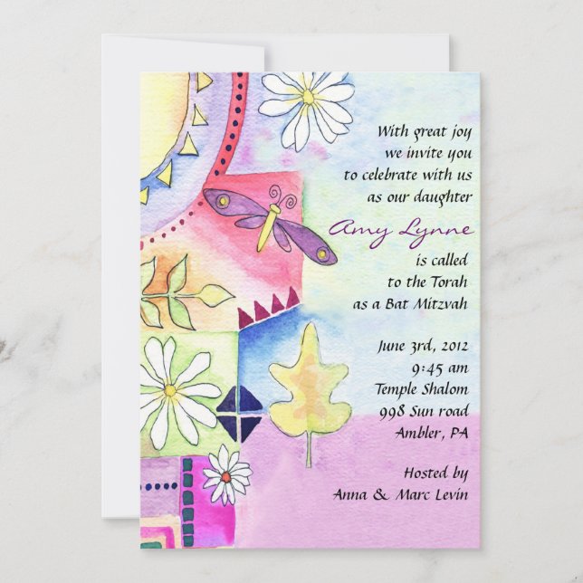 Spring Watercolor Jewish Bat Mitzvah Invitation (Front)