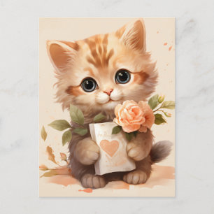 Spring Watercolor Kitten holding a letter - Postcard