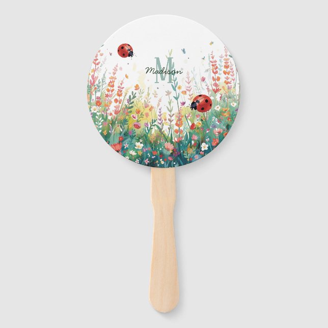 Spring Watercolor ladybug Floral Monogram Wildflow Hand Fan (Front)