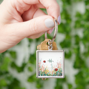 Spring Watercolor ladybug Floral Monogram Wildflow Key Ring