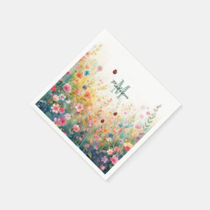 Spring Watercolor ladybug Floral Monogram Wildflow Napkin