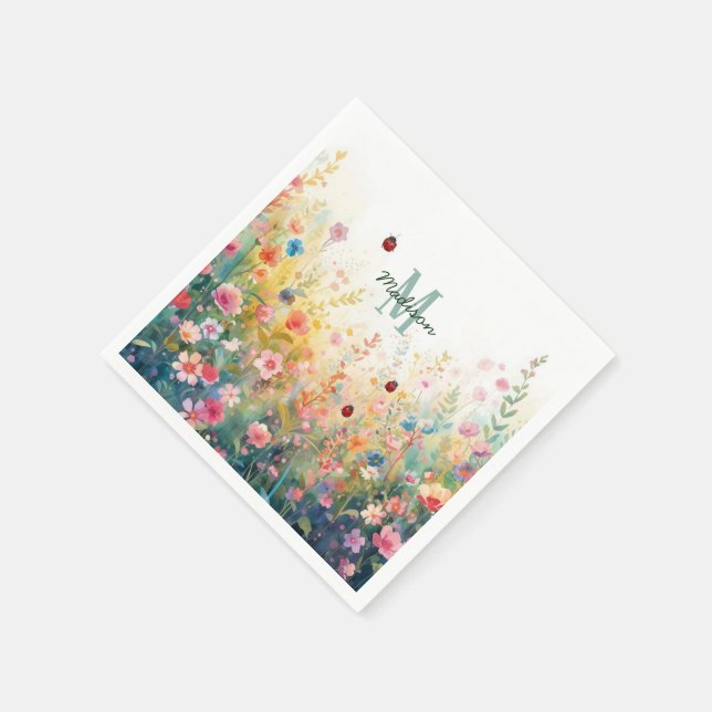 Spring Watercolor ladybug Floral Monogram Wildflow Napkin (Corner)