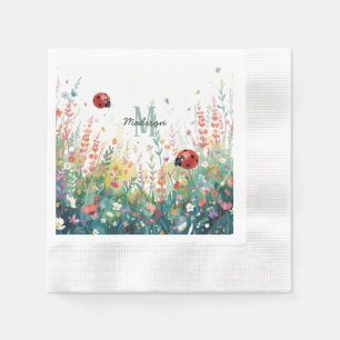 Spring Watercolor ladybug Floral Monogram Wildflow Napkin
