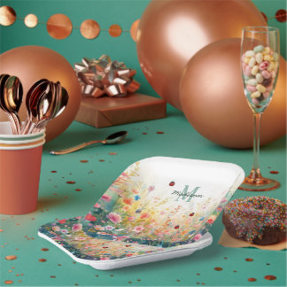 Spring Watercolor ladybug Floral Monogram Wildflow Paper Plate
