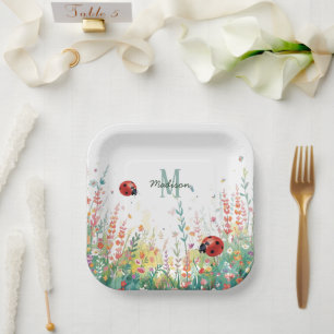 Spring Watercolor ladybug Floral Monogram Wildflow Paper Plate