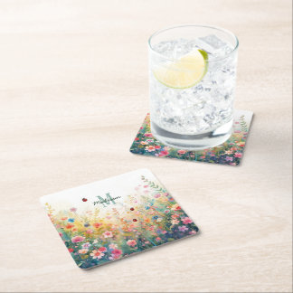 Spring Watercolor ladybug Floral Monogram Wildflow Square Paper Coaster