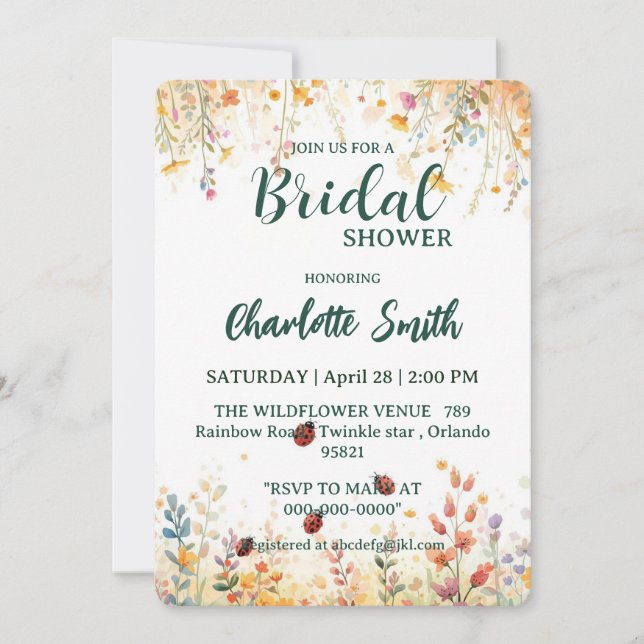 Spring Watercolor ladybug Floral Wildflower Name Invitation (Front)