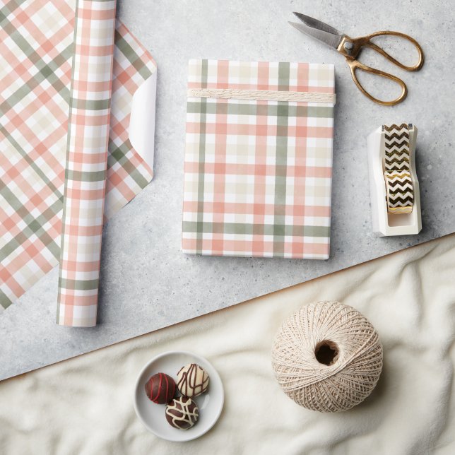 Spring Watercolor Pastel Peach Green Plaid Wrapping Paper (Creator Uploaded)