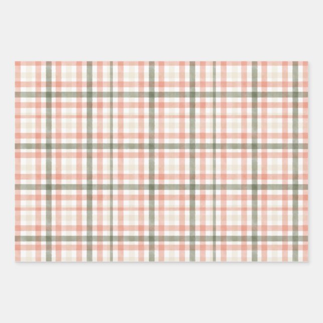 Spring Watercolor Pastel Peach Green Plaid Wrapping Paper Sheet (Front)