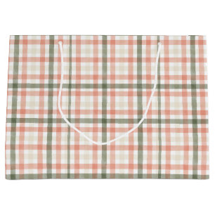 Spring Watercolor Peach Green Plaid Large Gift Bag