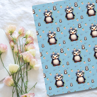 Spring Watercolor Penguins with Flowers in Blue Fleece Blanket
