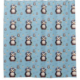 Spring Watercolor Penguins with Flowers in Blue Shower Curtain
