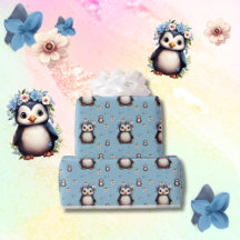 Spring Watercolor Penguins with Flowers in Blue