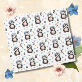 Spring Watercolor Penguins with Flowers in White Fleece Blanket