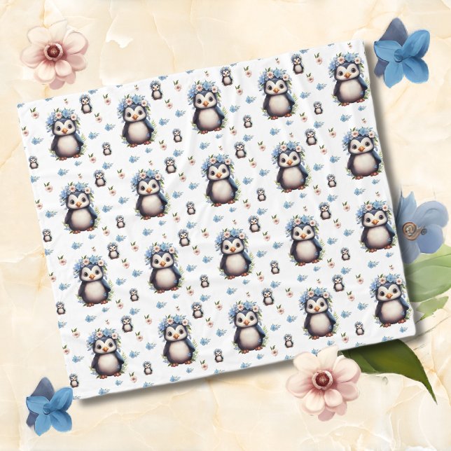 Spring Watercolor Penguins with Flowers in White Fleece Blanket (Penguins pattern blanket, personalized bilingual text, multilingual project)