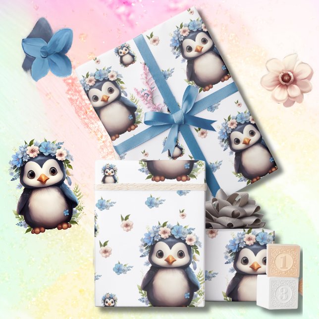Spring Watercolor Penguins with Flowers in White Wrapping Paper (Penguin pattern wrapping paper, bilingual editable text, Spanish, Multilingual project)