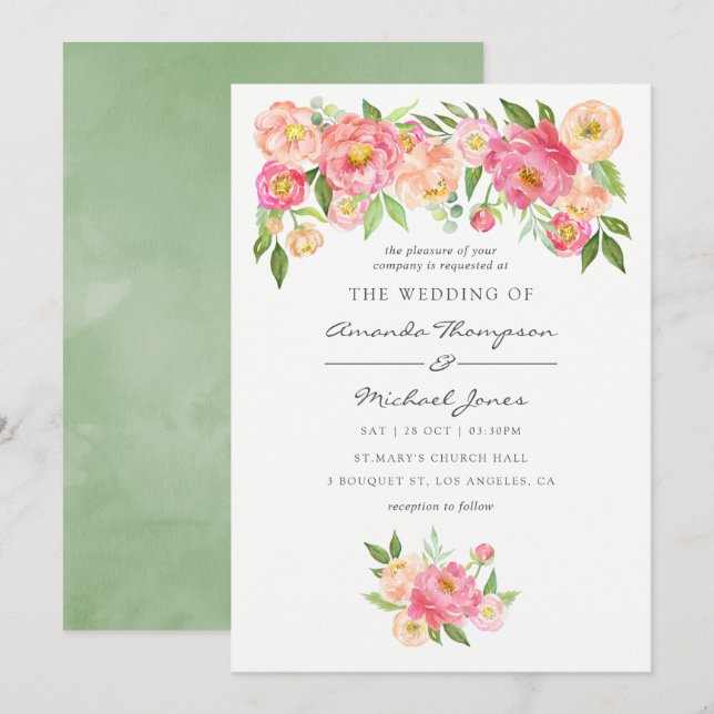 Spring Watercolor Peonies Wedding Invitation (Front/Back)