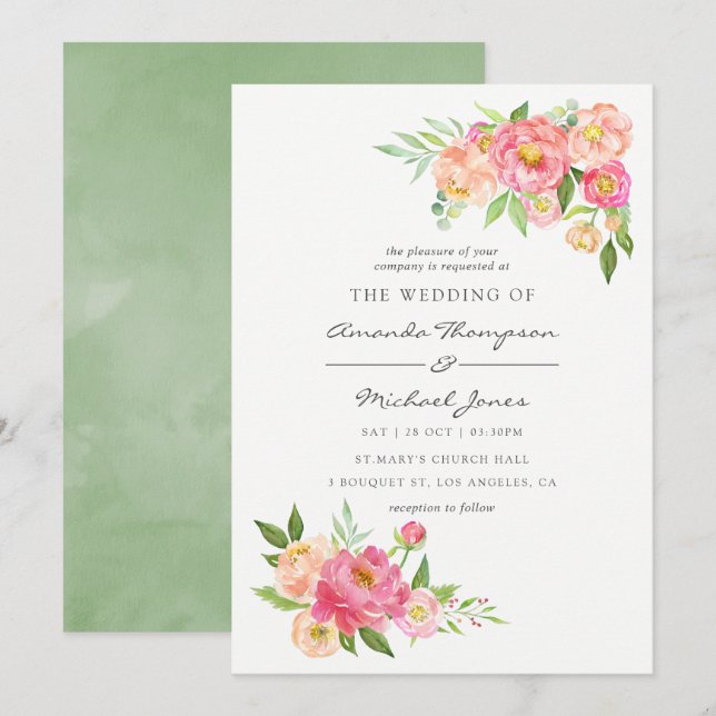 Spring Watercolor Peonies Wedding Invitation (Front/Back)