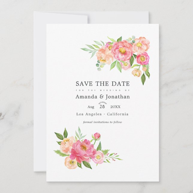 Spring Watercolor Peonies Wedding Photo Save The Date (Front)