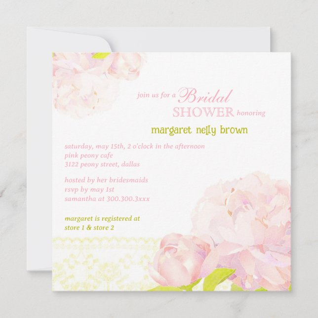 Spring Watercolor Peony Bridal Shower Invitation (Front)