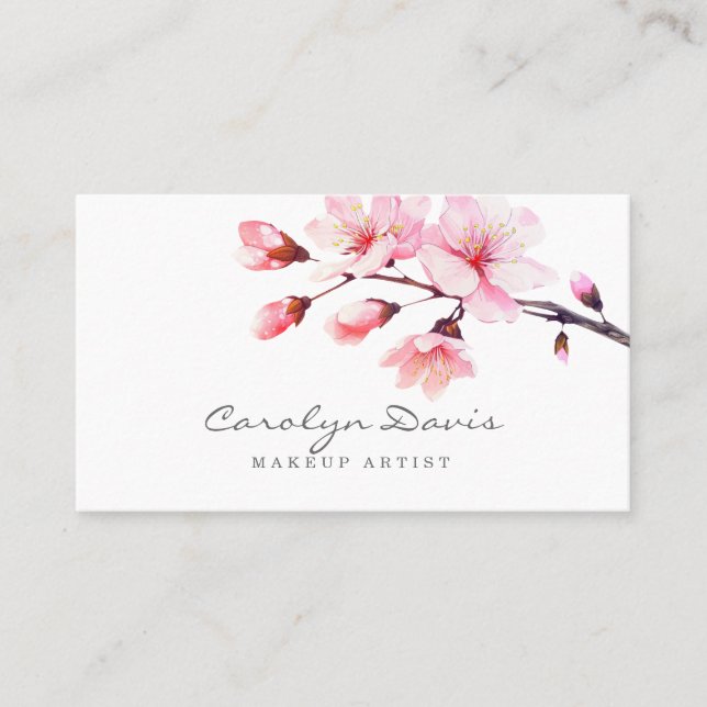 Spring Watercolor Pink Cherry Blossom Floral Business Card (Front)