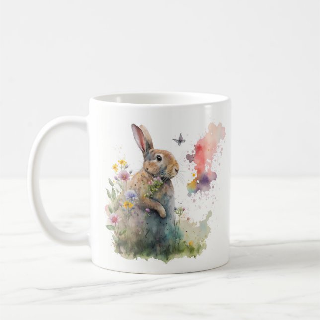 Spring Watercolor Rabbit Coffee Mug (Left)