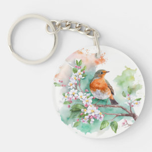 Spring Watercolor Robin Key Ring