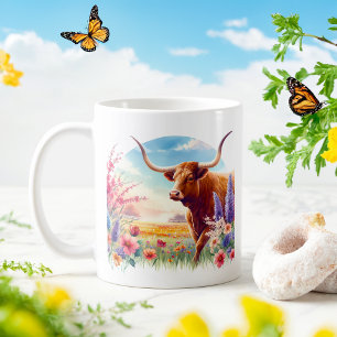 Spring Watercolor Texas Longhorn Coffee Mug
