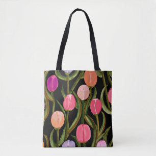 Spring Watercolor Tulips On Black Tote Bag
