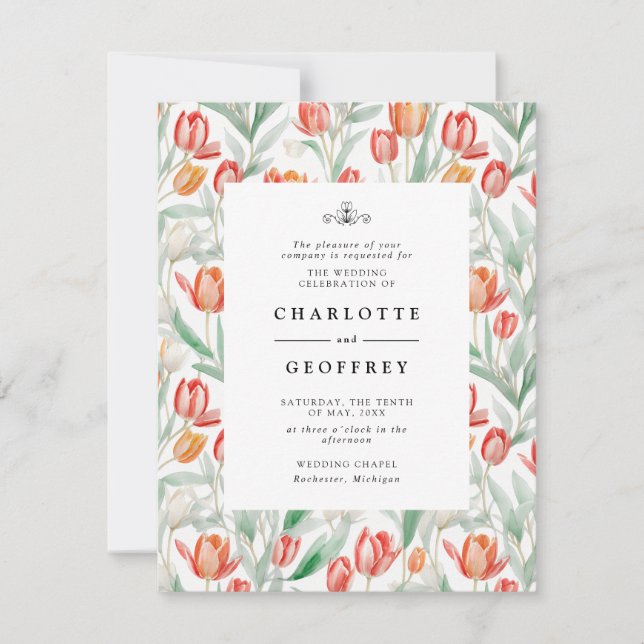Spring watercolor tulips wedding invitation (Front)