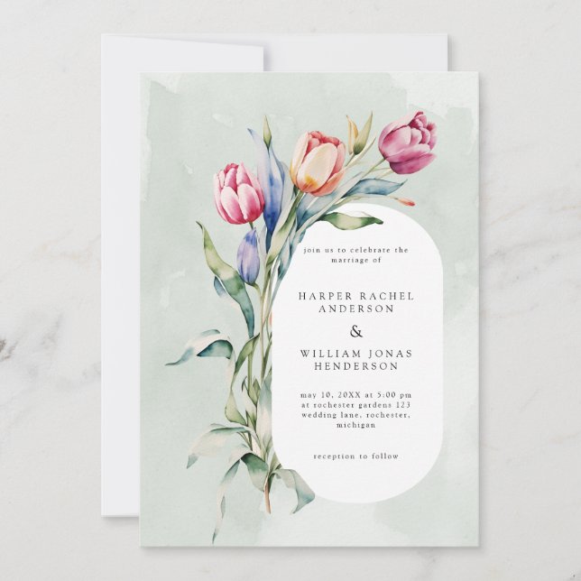 Spring watercolor tulips wedding invitation (Front)