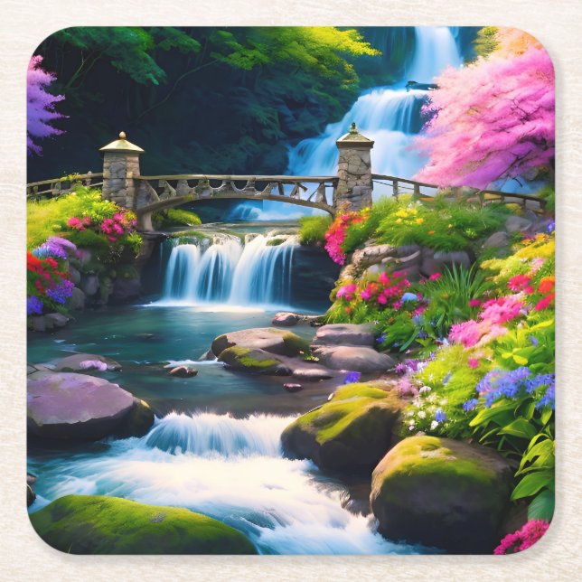 Spring Waterfall 1 Square Paper Coaster (Front)