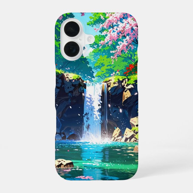 Spring Waterfall – Anime Landscape iPhone 16 Case (Back)