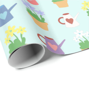 Spring Watering Can and Plant Pattern Wrapping Paper