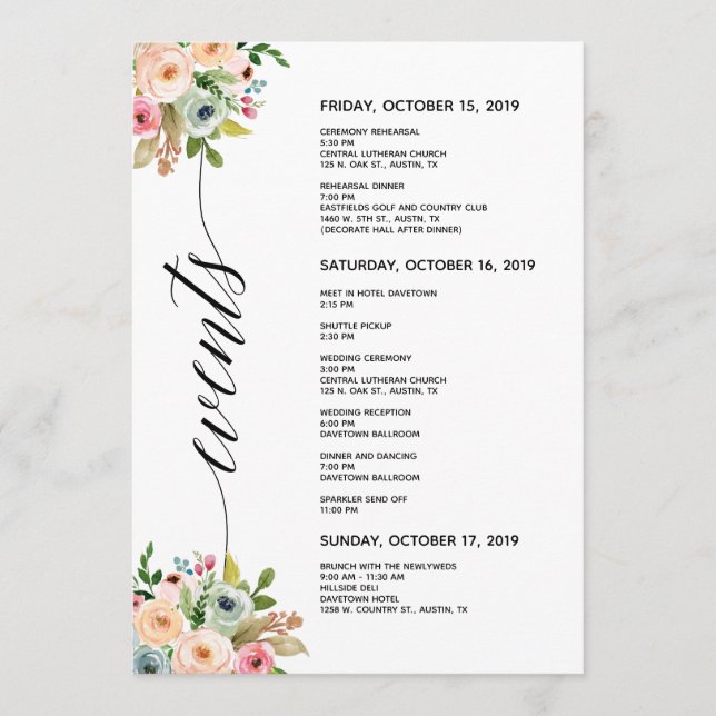 Spring Wedding Elegant Calligraphy Itinerary Card (Front)