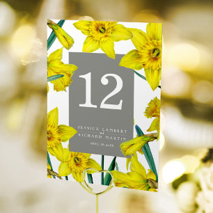 Spring wedding grey yellow daffodil floral art table number