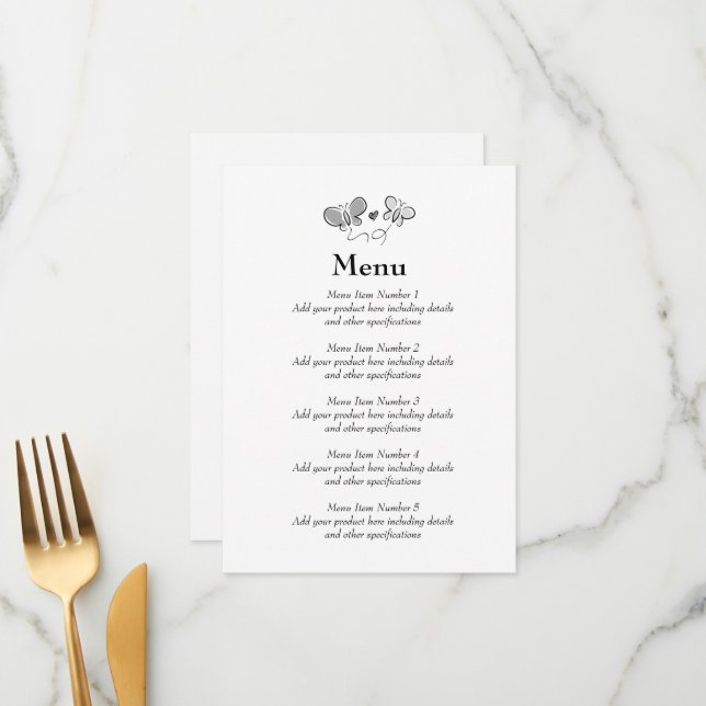 Spring wedding menu with elegant butterfly logo (Front/Back In Situ)