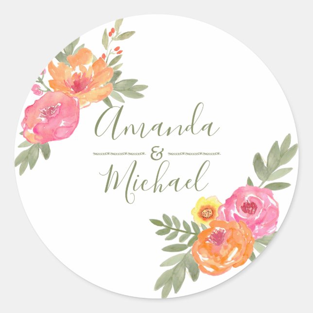Spring Wedding watercolor flowers Classic Round Sticker (Front)