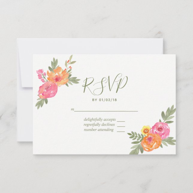 Spring Wedding watercolor flowers RSVP (Front)