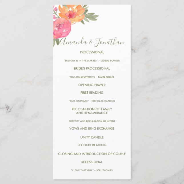 Spring Wedding watercolor flowers Wedding Program Programme (Front)
