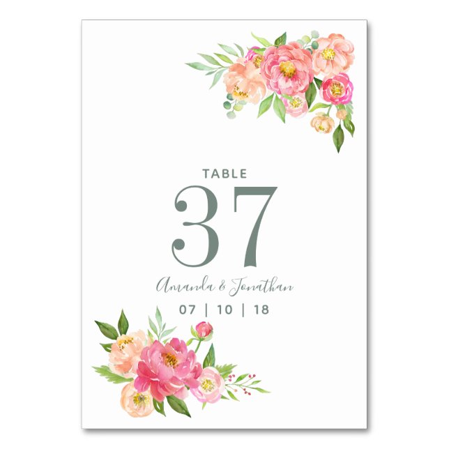 Spring Wedding watercolor Peonies Table Number (Front)