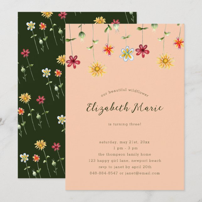 Spring Whimsical Wildflower Orange Girl Birthday Invitation (Front/Back)