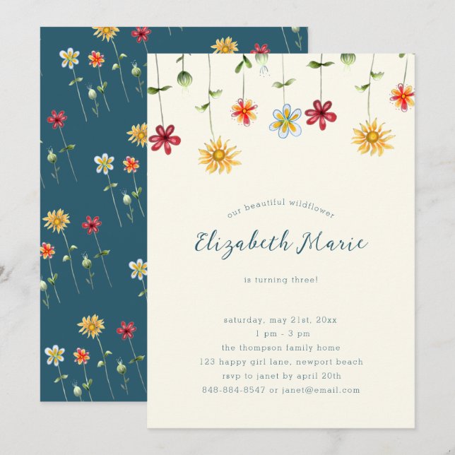 Spring Whimsical Wildflowers Yellow Girl Birthday Invitation (Front/Back)