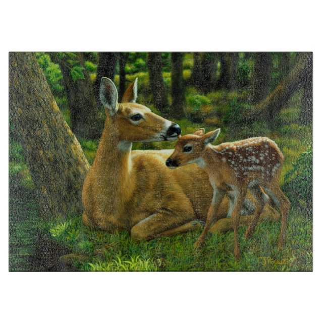 Spring Whitetail Fawn and Mother Deer Cutting Board (Front)