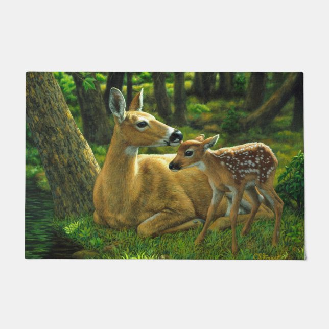 Spring Whitetail Fawn and Mother Deer Doormat (Front)