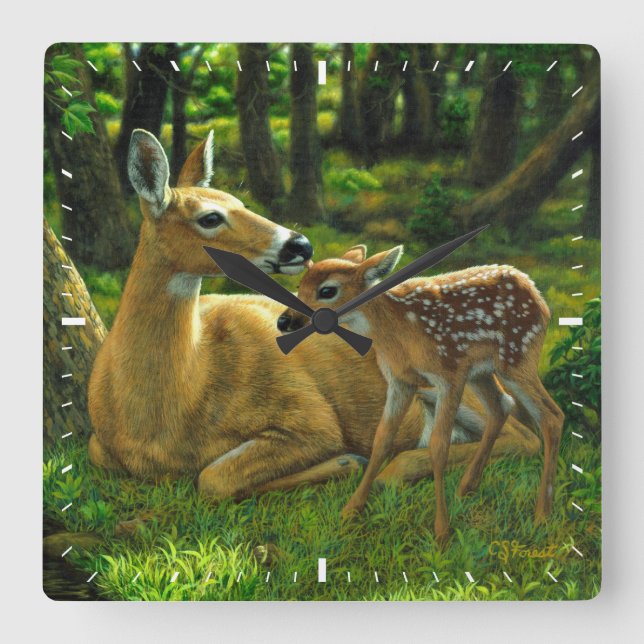 Spring Whitetail Fawn and Mother Deer Square Wall Clock (Front)