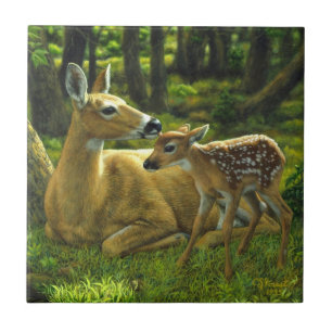 Spring Whitetail Fawn and Mother Deer Tile